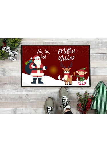 Mutlu Yıllar Geyik Elf Noel Baba Kapı Önü Paspası 60x40 Cm Paspas Çok Renkli