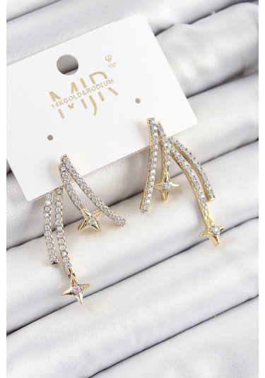 Pirinç Zirkon Taşlı Kayan Yıldız Model Gold Ve Gümüş Renk Kadın Küpe Çok Renkli