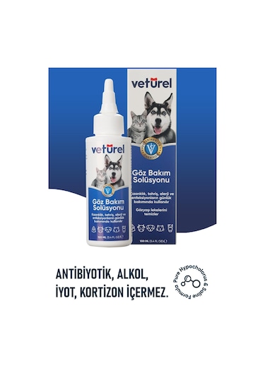Veturel Kedi Göz Temizleme Solüsyonu Köpek Alerji Enfeksiyon Bakımı Göz Damlası 100 ML