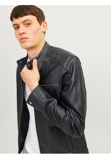 Jack Jones Erkek Siyah Renk Bıker Deri Ceket 12261196 Siyah