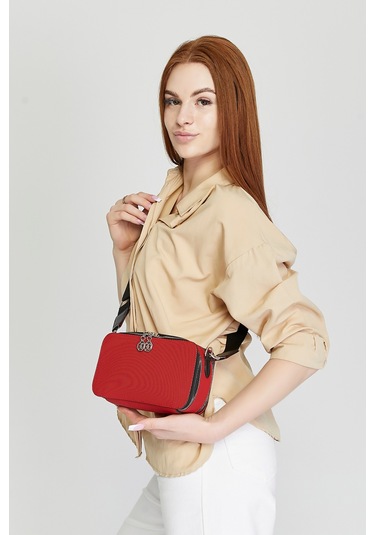 Morpelikan Kırmızı Kabartma İki Bölmeli Kadın Omuz Çantası Kırmızı