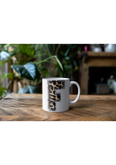 F Baş Harf Leopar Desenli Kupa Bardak - Kişiye Özel Feminen Konsept Hediye - Vahşi Hayvan Desenli Beyaz
