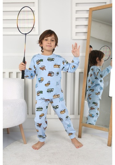 Zuzunga Transportation Veichle Desenli Çocuk Pijama Takımı Alt-üst Bej 3-8 Yaş Mavi