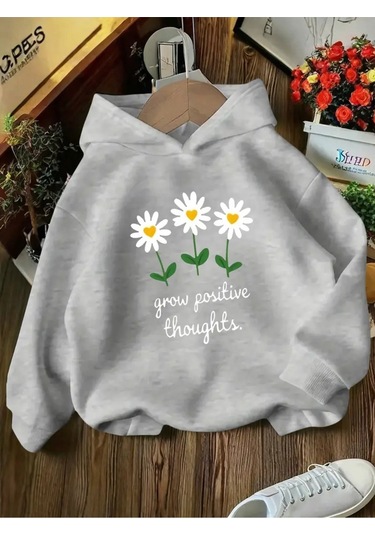 Kışlık Kapüşonlu Sweatshirt, Çocuk Grow Positive Papatya Baskılı Gri