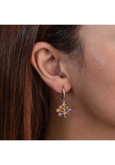 Artsmagazinmücevher Gümüş Rose Renkli Taşlı Hayat Ağacı Kadın Küpe