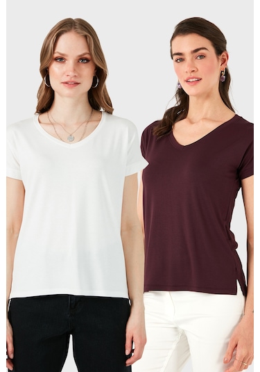 Lela V Yaka Relaxed Fit Yırtmaç Detaylı 2'Li Paket Bayan Bluz 5862000S2 Ekru-Vişne