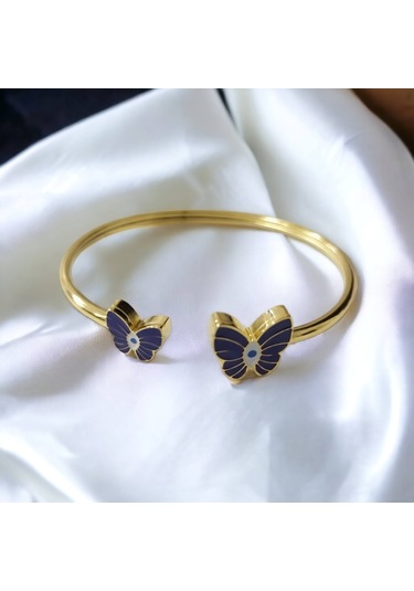 Çelik Mor Kelebek Detaylı Altın Renkli Kararmaz Kadın Bilezik Bileklik Çelik