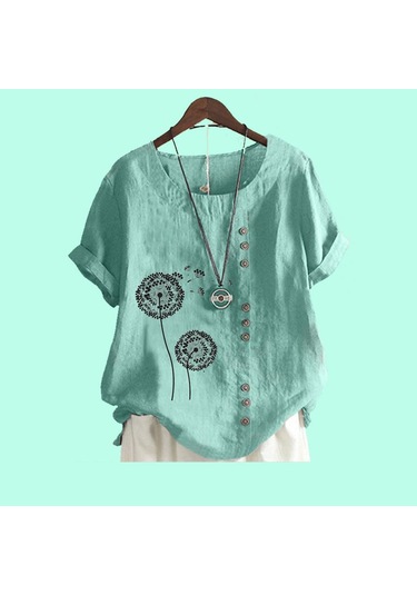 Kadın Günlük Çiçek Baskılı Bol Bluz Bayan Pamuk Keten Üst Moda Kısa Kollu Tişört Göl Mavisi