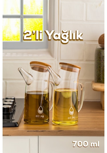 Porsima 2093 Bambu Kapaklı Vakumlu Borosilikat Cam 2li Yağdanlık Yağlık Sirkelik Seti 700ml Şeffaf