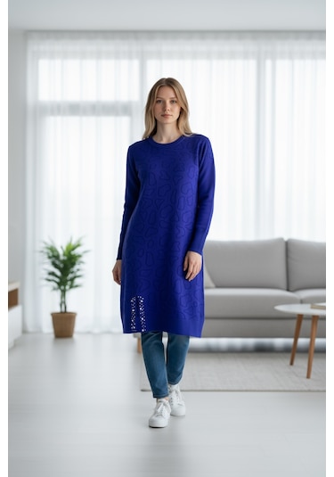 Kadın Önü Desenli Etek Yan Ucu Boncuklu Düşük Kol Tunik Mavi