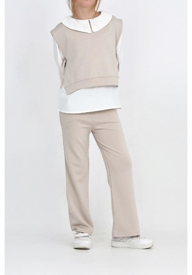 Kız Çocuk 3'lü Takım Pantolon+yelek+bluz 12429 Ekru