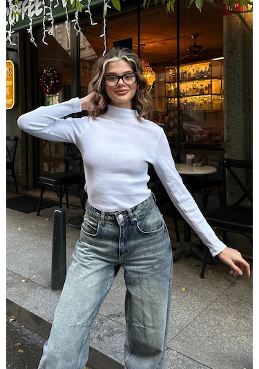 Saks Yarım Balıkçı Şardonlu Fitilli Bluz Beyaz