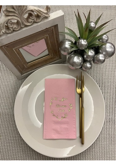 Gold Yaldızlı Pembe Bir Ömür El Ele Peçete 16 Adet