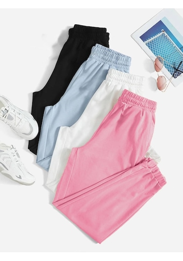 4'lü Basic Düz Eşofman Altı Jogger - Siyah Bebe Mavi Beyaz Pembe Lastik Paça Yüksel Bel Siyah Bebe Mavi Beyaz Pembe