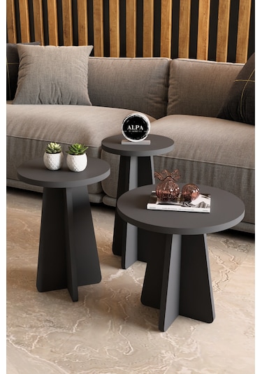 Alpa Ev Mobilya 3 Lü Mantar Zigon Sehpa Seti Modern Yuvarlak Tasarım, Dekoratif İskandinav Stil Antrasit