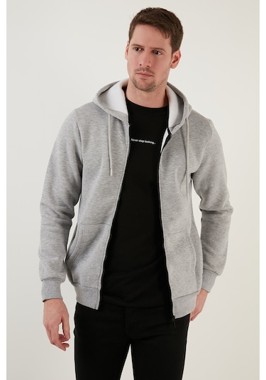 Buratti Regular Fit Kapüşonlu Fermuarlı Içi Tüylü Yumuşak Şardonlu Kışlık Erkek Sweat 5905340 Gri Melanj