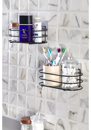 2' Li Banyo Düzenleyici - Yapışkanlı Banyo Ve Mutfak Rafı - Siyah Toparlayıcı Banyo Aksesuarı Şampuanlık Sabunluk Siyah