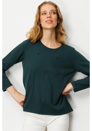 Desen Triko Kadın Sıfır Yaka Önü Pileli Boncuklu Ligralı Bluz 25095 Yeşil Yeşil