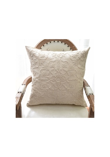 Sones Pamuklu Kordon Nakışlı Yastık Minder Kılıfı Çekirdeksiz, Boyut: 50x50cm Sütlü