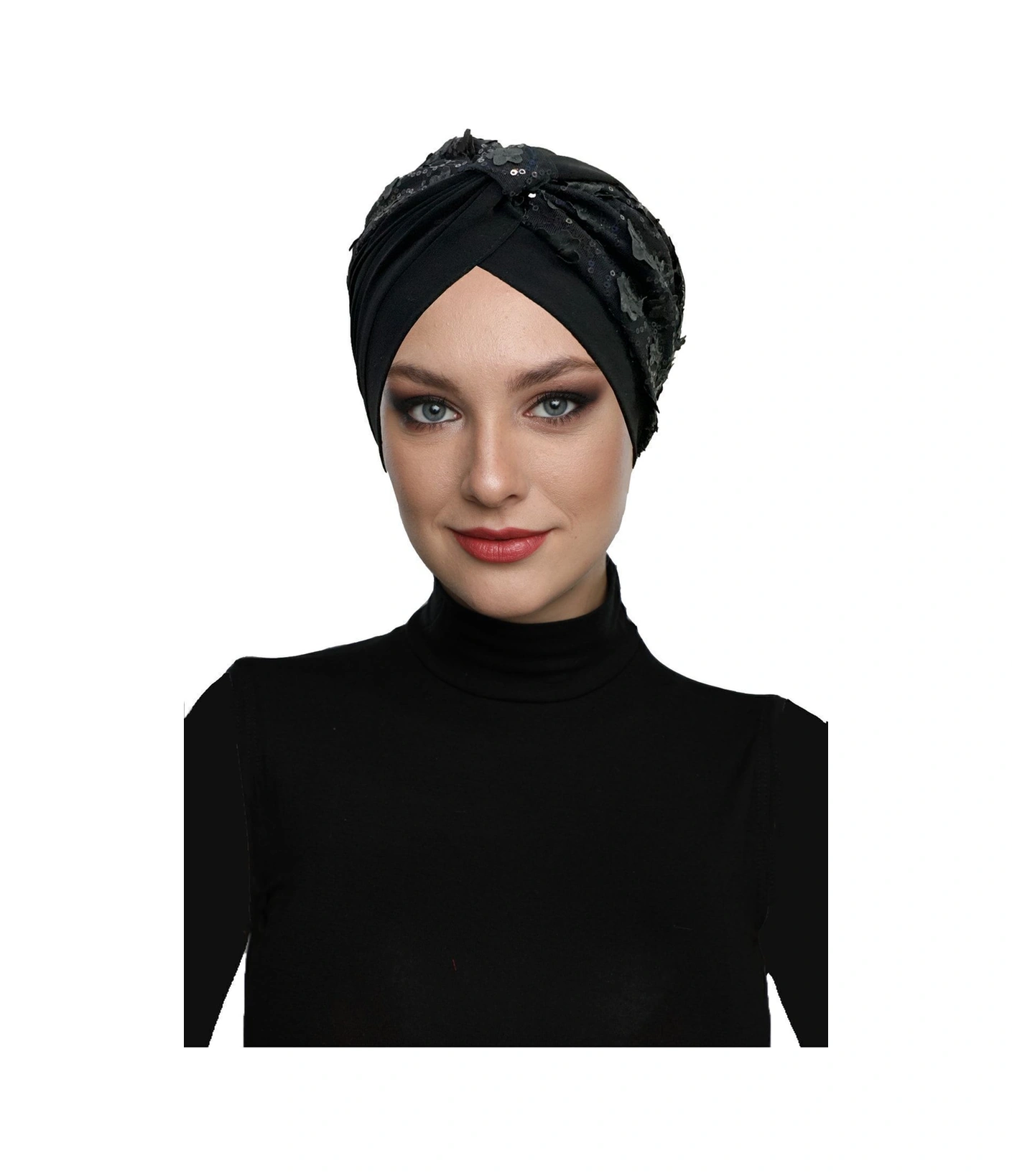 Özel Tasarım Siyah Pullu-dantel Çiçek Motifli Astarlı Hazır Türban Tesettür Abiye Bone Siyah26