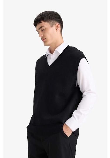 Defacto Standart Fit V Yaka Triko Yelek F4999ax25aubk27 Siyah