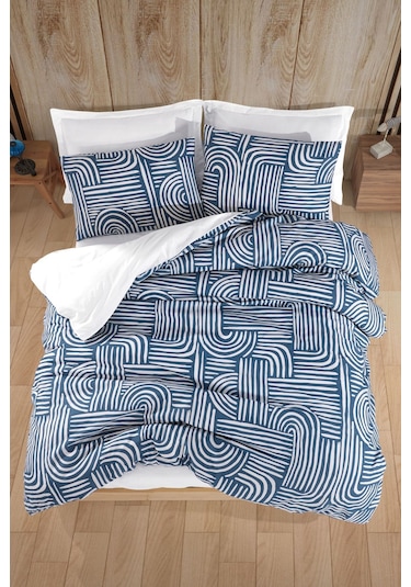 Kolay Ütülenir Nevresim Takımı Tek Kişilik Line Art Mavi Mavi