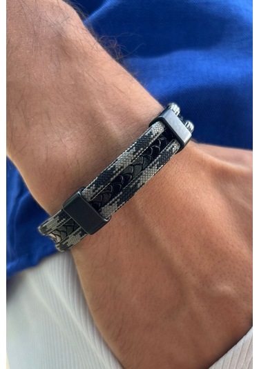 El İşçiliği İle Üretilmiş Hakiki Deri Erkek Bileklik Gri