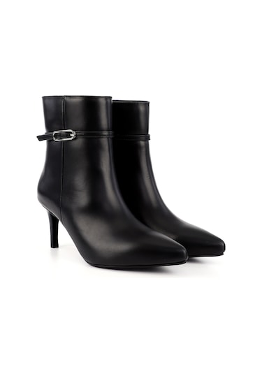 Gönderi R Siyah Fermuarlı İnce Topuklu Hakiki Deri Bot Siyah