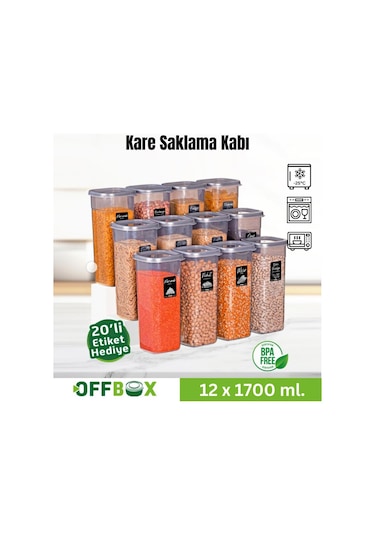 Offbox Kare Bakliyat Baharat Gıda Saklama Kabı - 1.7 Lt. - 12 Adet Antrasit Şeffaf