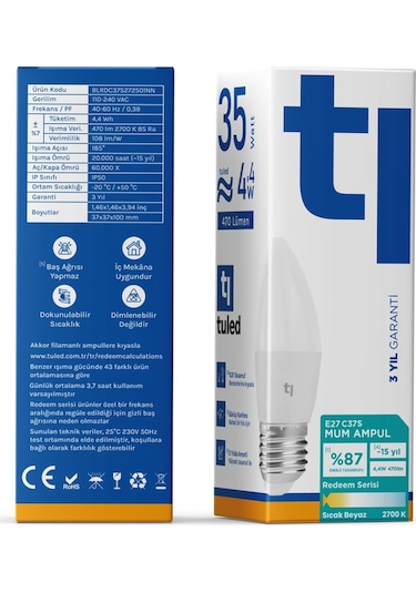 Redeem C37s E27 Mum Ampul, Titreşimsiz, Göz Konforu, 470 Lümen, Sıcak Beyaz, 2700 Kelvin