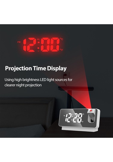 Dofolink Siyah Usb Beslemeli Projeksiyon Alarm Saati - 180 Ayarı, Sicaklık/tarih Büyük Ekran, Ayna Led Dijital Masa Saati
