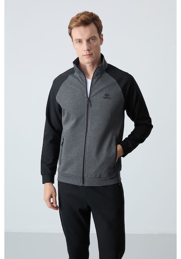 Tommy Life Antrasit - Siyah Dik Yaka Çift Renk Rahat Form Klasik Paça Erkek Eşofman Takımı - 85113 Antrasit