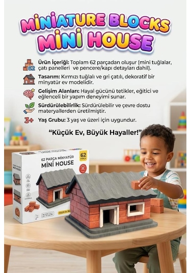 İlk Mini Evim 62 Parça Minyatür Tuğlalı Küçük Ev Tasarımlı Eğitici Yapı Oyuncak İnşaat Seti