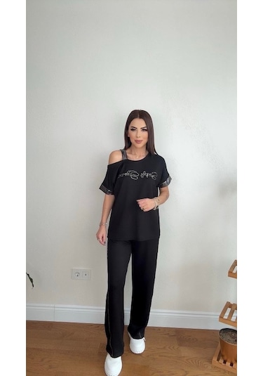 Kadın Kristal Kumaş Omuz Dekolteli Siyah Takım Siyah