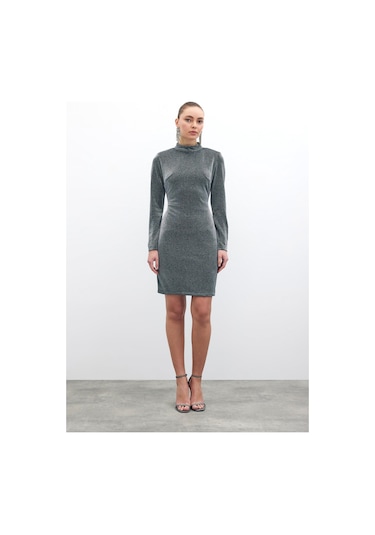 Sateen Parlak Kısa Elbise - Antrasit-135858 Antrasit