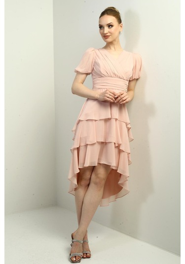 Kadın Kruvaze Yaka Arkası Fermuarlı Katkat Pileli Şifon Elbise-40814 Pudra