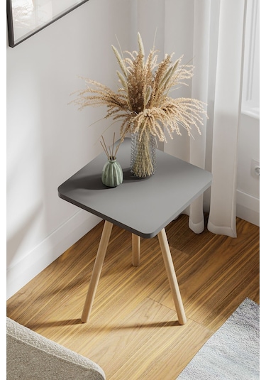 İntergo Kare Tasarımlı Ahşap Ayaklı Tekli Zigon Sehpa Antrasit Gri