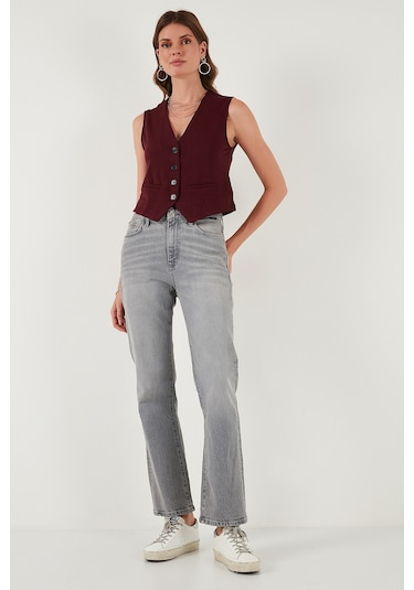 Lela Streç Fitted Fit V Yaka Düğmeli Bayan Yelek 5865971 Bordo