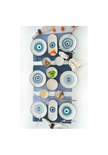 Kevin Seramik 14 Parça 6 Kişilik Nazar Boncuklu Stackable Kahvaltı Takımı&Lüx Sunum Tabakları Mavi Beyaz