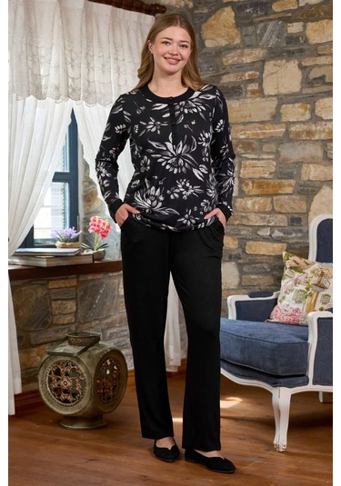 Cossy By Aqua 26231 Kadın Büyük Beden Uzun Kollu Düğmeli Bisiklet Yaka Pijama Takımı-siyah Siyah