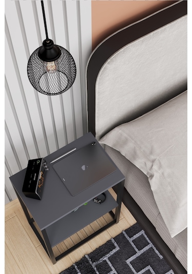 Metal Ayaklı Ve Ahşap Raflı Dekoratif Komodin Antrasit Gri Antrasit