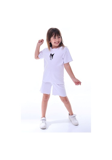 Ribana Beybi Overlok Detaylı Kuromi Nakışlı Alt-üst Takım Beyaz