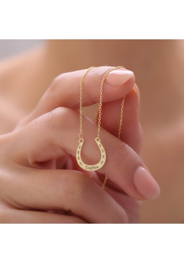 925 Ayar Gümüş İsimli Şans Sembolü Nal Kolye Gold