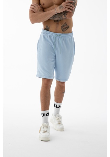 Erkek Açık Mavi Yüksek Kalite Relax-fit Rahat Kesim %100 Pamuk Bağcıklı Siyah Düz Basic Şort Açık Mavi