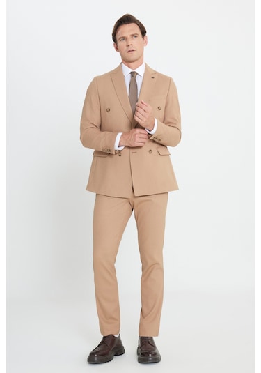 Ac&Co / Altınyıldız Classics Erkek Cml Slim Fit Dar Kesim Kırlangıç Yaka Beli Bağlamalı Çizgili Esnek Kruvaze Takım Elbise Cml Camel Ac&Co / Altınyıldız Classics Erkek Cml Slim Fit Dar Kesim Kırlangıç Yaka Beli Bağlamalı Çizgili Esnek Kruvaze Takım Elbise Cml Camel