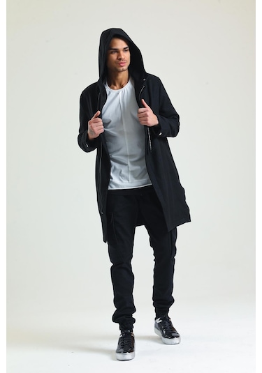 Erkek Regular Fit Kapüşonlu Fermuarlı Cepli Kışlık Astarsız Yünlü Uzun Kaşe Kaban 001