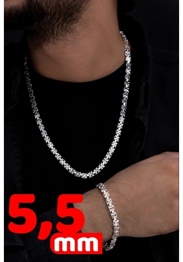 Erkek Gümüş Kolye Bileklik Set - 5.5mm Parlak Euro Kral Zincir