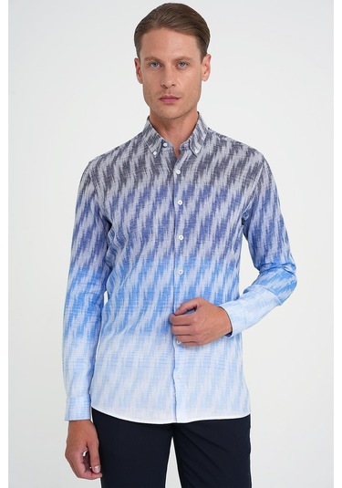 Comfort Fit Pano Desen Düğme Yaka %100 Keten Mavi Gömlek G 1594 Mavi