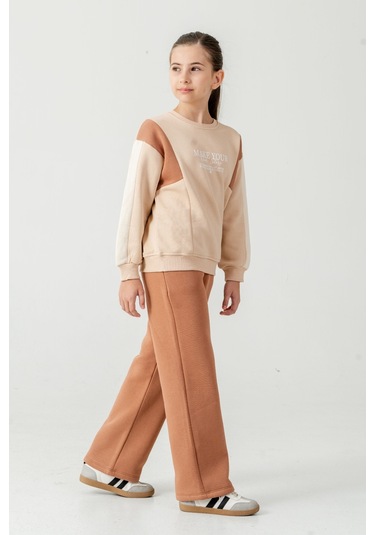 Kız Çocuk Make Your Baskılı 3 İplik Kalın Kışlık Eşofman Takımı Ak4227 Kahverengi