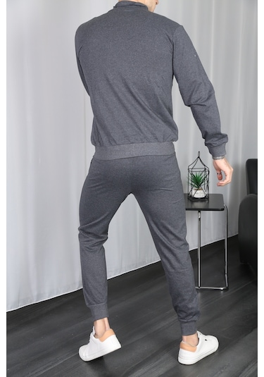 Erkek Dik Yaka Fermuarlı Eşofman Takım - Füme Füme